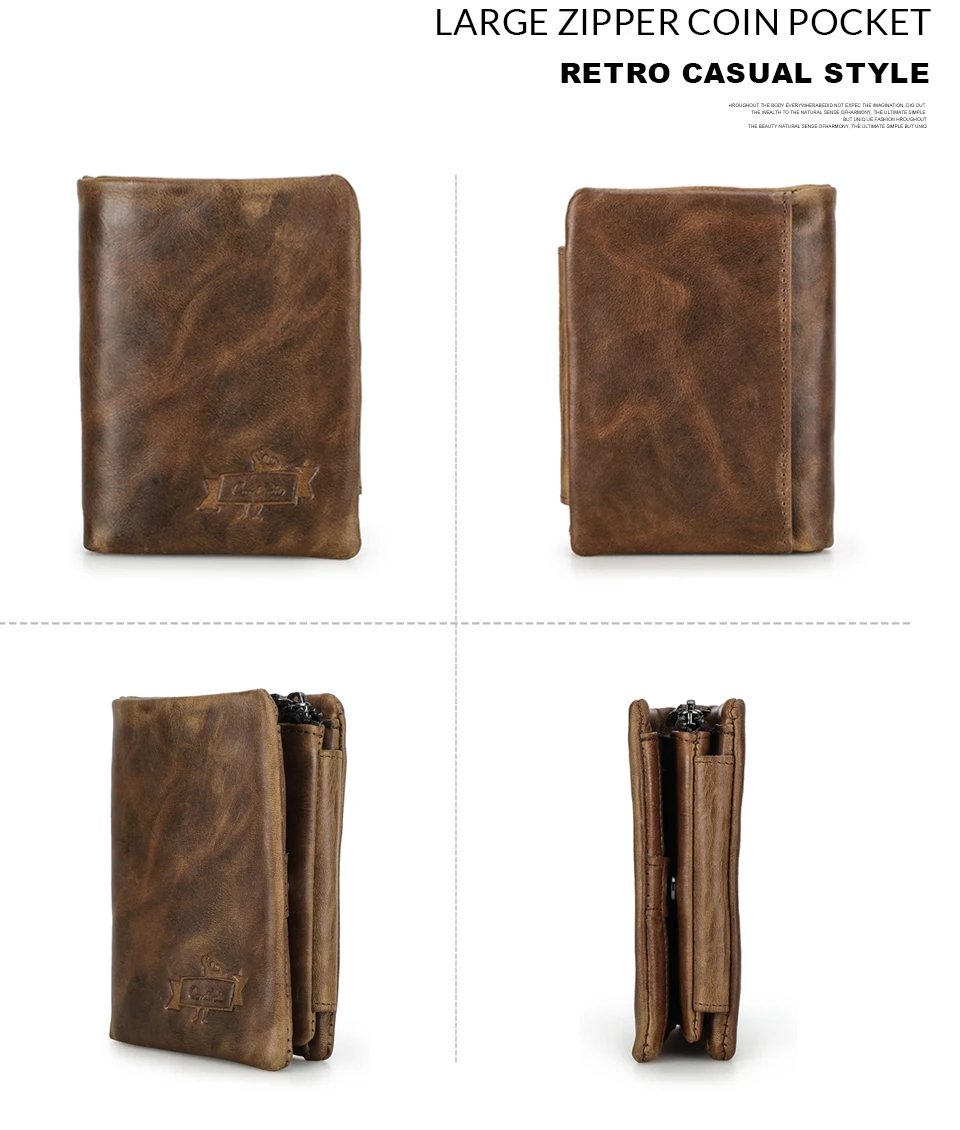 Genuine Crazy Horse Leather Men Wallets Vintage Trifold Wallet Zip Coin Pocket Purse Cowhide Leather Wallet For Mens