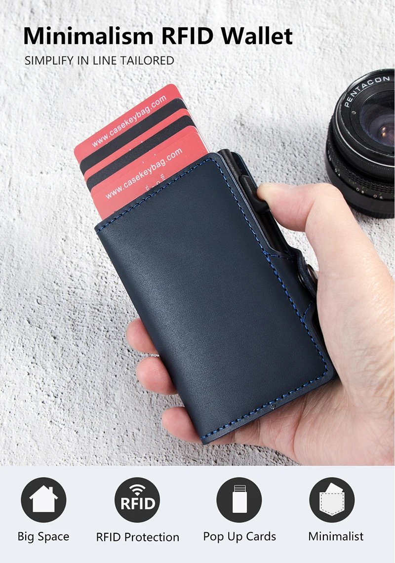 Men Wallets Real Cow Leahter Pop Up Business Credit Card Holder RFID Blocking Slim Smart Carbon Fiber Wallet with Pocket