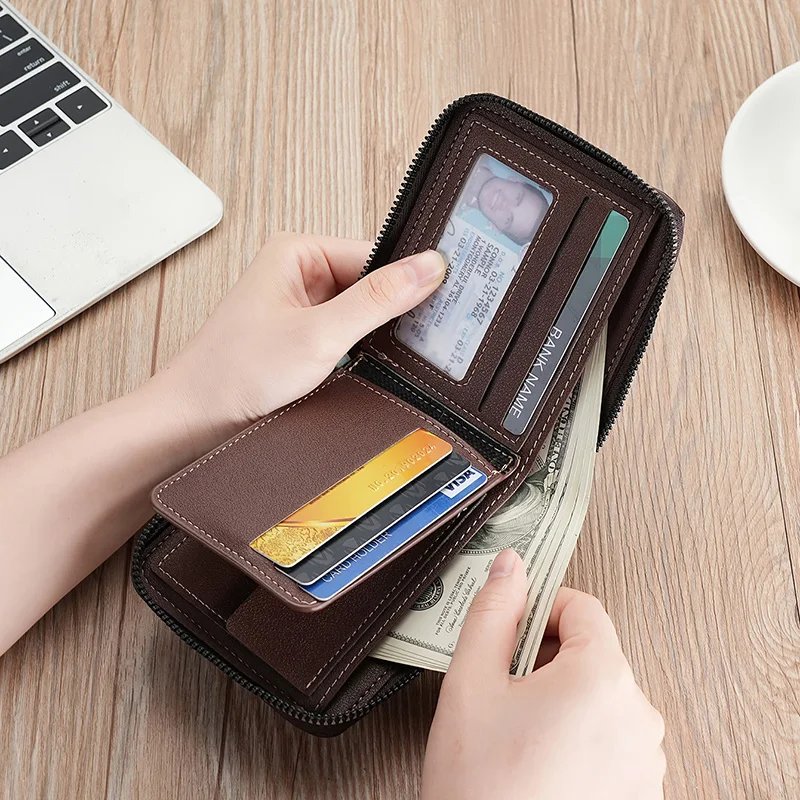 Leather Men&rsquo;s Wallet Luxury Mens Purse Male Zipper Card Holders with Coin Pocket Rfid Wallets Gifts for Men Money Bag