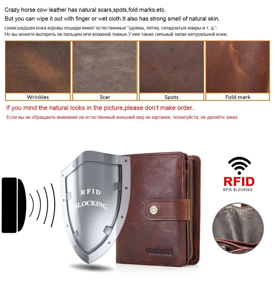 Genuine Leather RFID Vintage Wallet Men With Coin Pocket Short Wallets Small Zipper Walet With Card Holders Man Purse