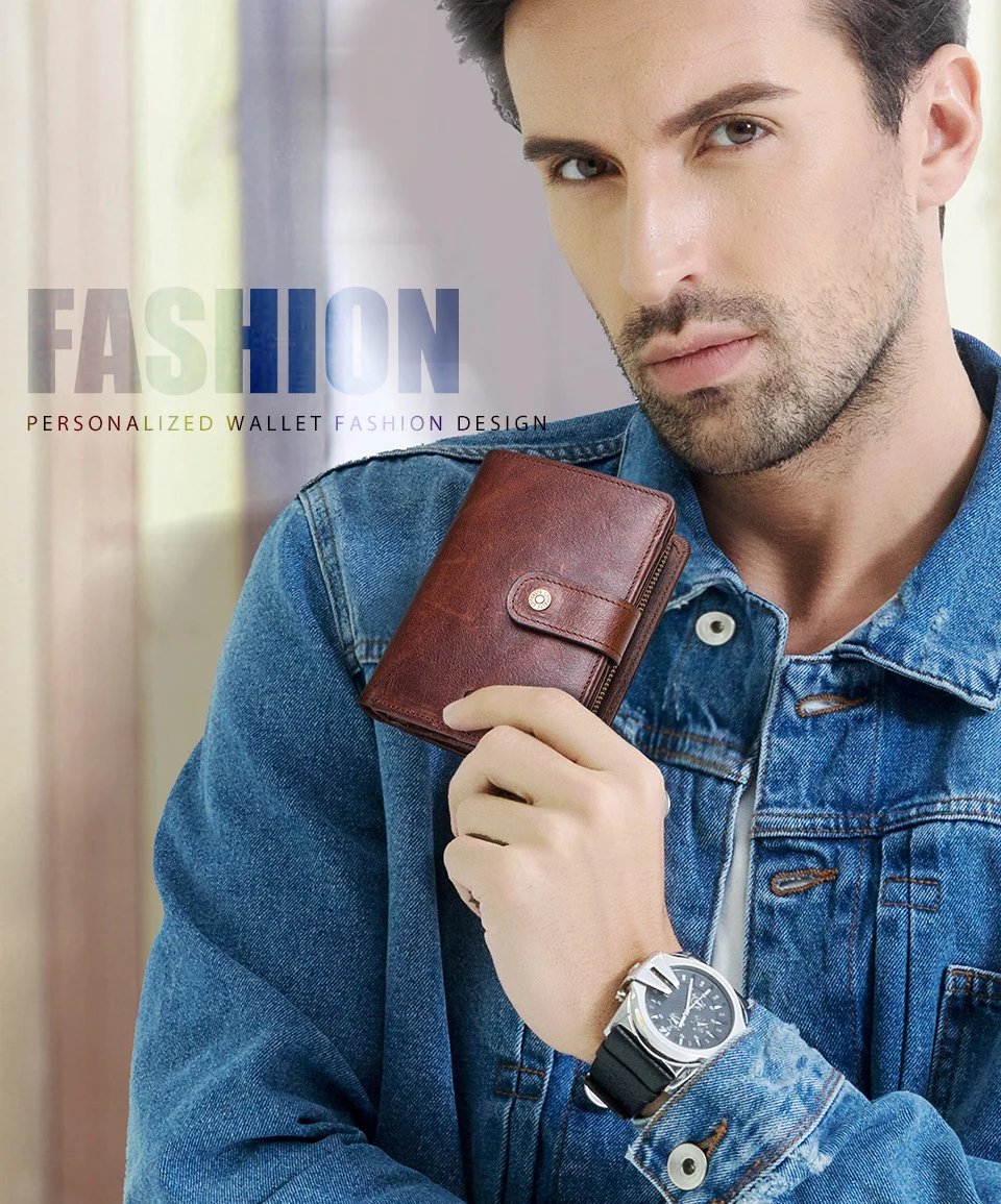 Genuine Leather RFID Vintage Wallet Men With Coin Pocket Short Wallets Small Zipper Walet With Card Holders Man Purse