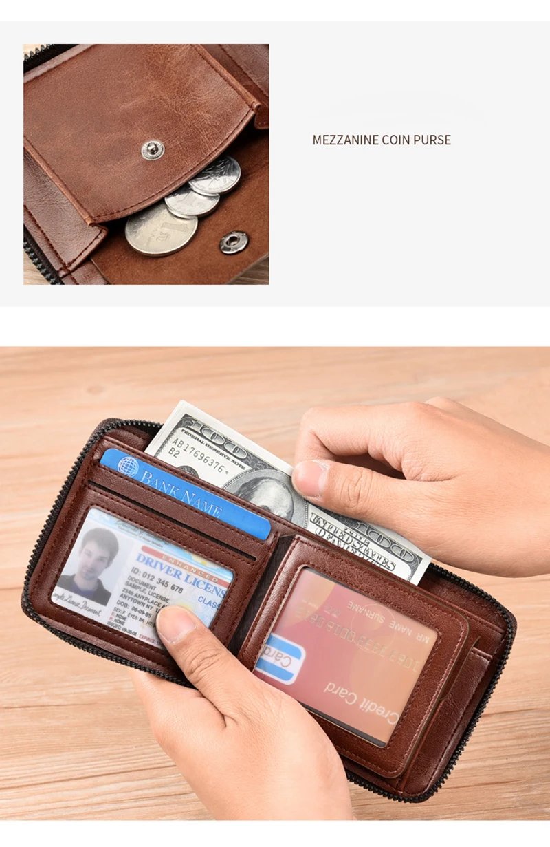 Genuine Leather Wallet for Men Zipper RFID	Card Holder Purse Portable Luxury Designer Men&rsquo;s Wallets Male Short Cardholder