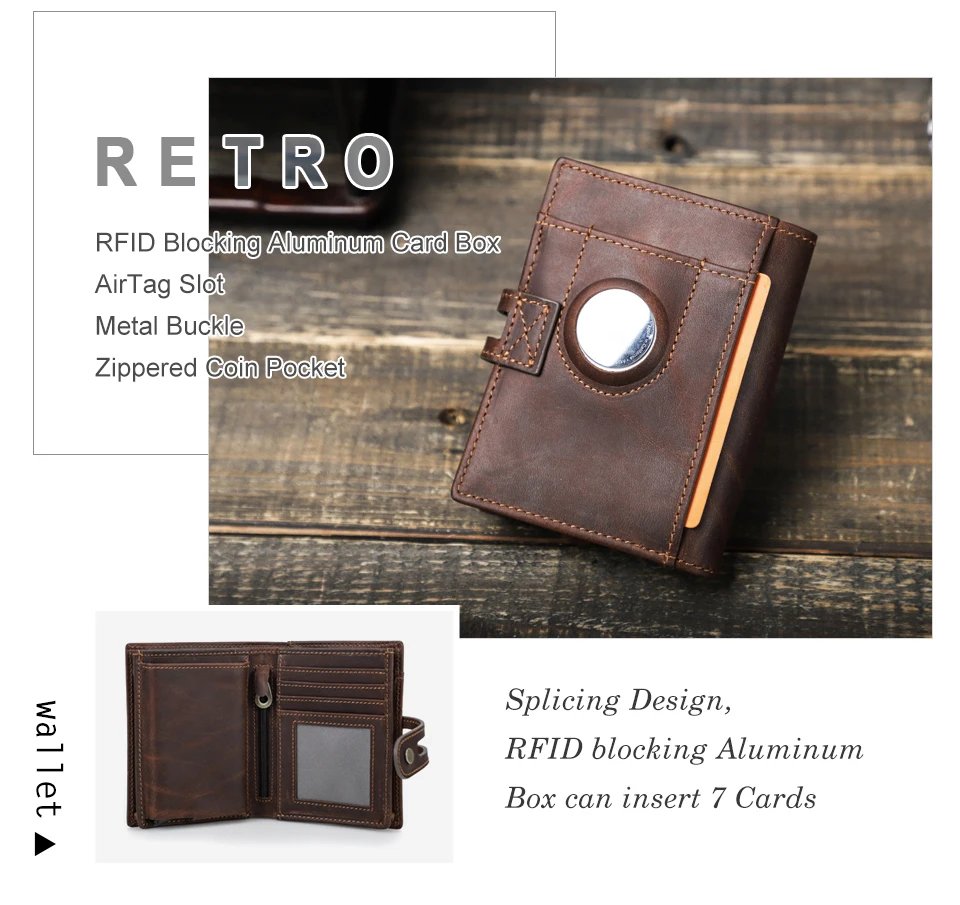 Genuine Leather AirTag Wallets for Men RFID Aluminum Card Holder Metal Wallets Zip Coin Purse Money Clip Men's Wallets