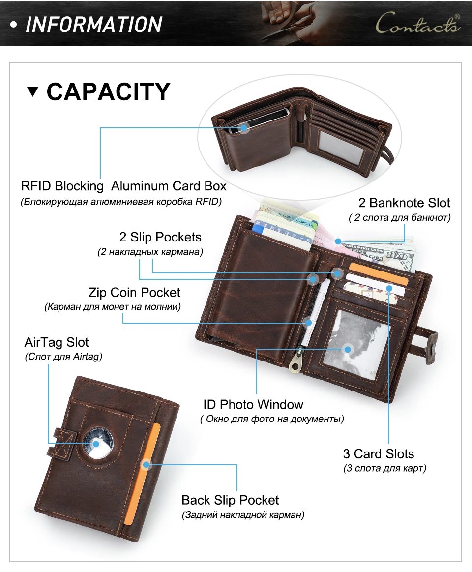 Genuine Leather AirTag Wallets for Men RFID Aluminum Card Holder Metal Wallets Zip Coin Purse Money Clip Men's Wallets