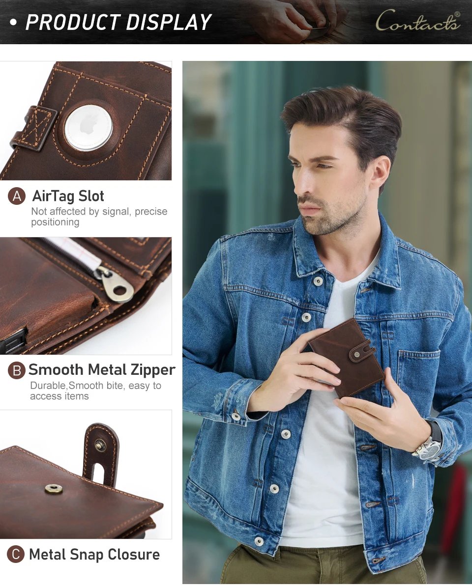Genuine Leather AirTag Wallets for Men RFID Aluminum Card Holder Metal Wallets Zip Coin Purse Money Clip Men's Wallets