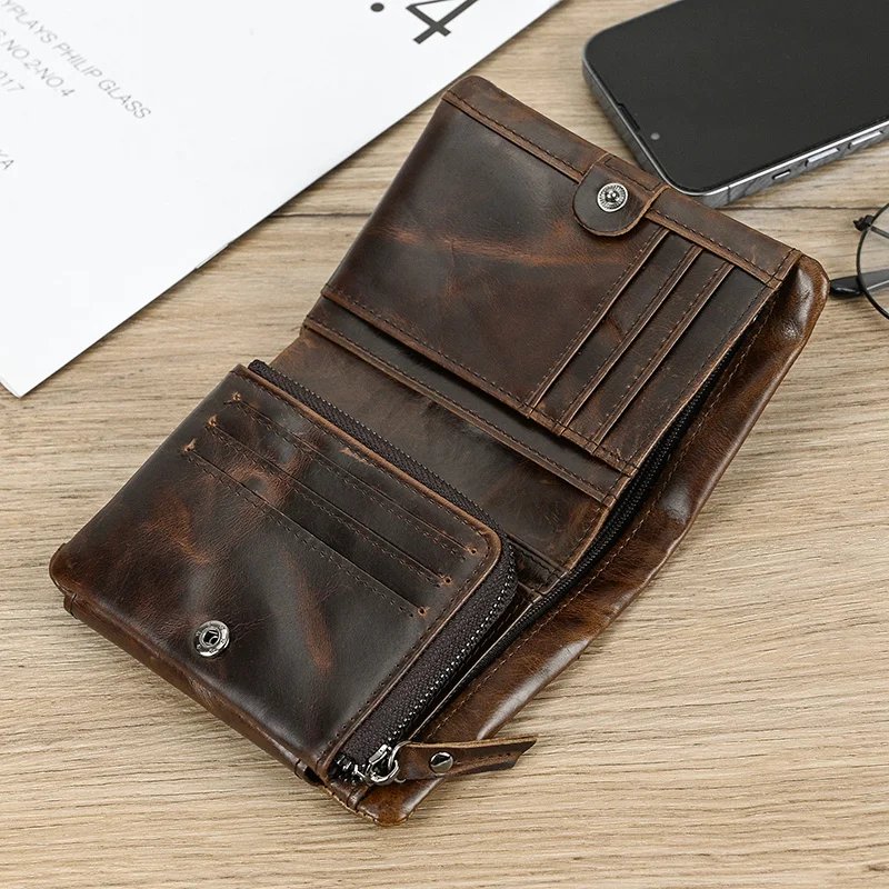 Leather Men&lsquo;s Short Wallet Hasp Genuine Leather Unisex Zipper Coin Clutch Purse Cowhide Card Holder Trifold Man wallets