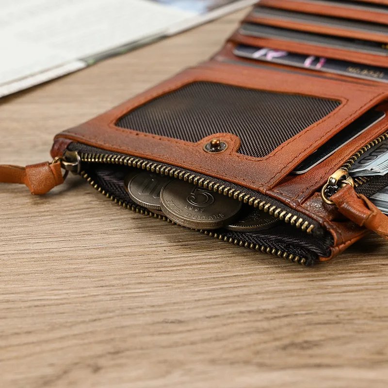 Leather Men&lsquo;s Short Wallet Hasp Genuine Leather Unisex Zipper Coin Clutch Purse Cowhide Card Holder Trifold Man wallets