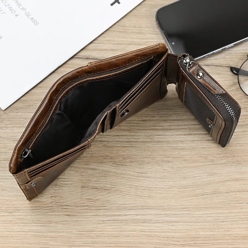 Leather Men&lsquo;s Short Wallet Hasp Genuine Leather Unisex Zipper Coin Clutch Purse Cowhide Card Holder Trifold Man wallets