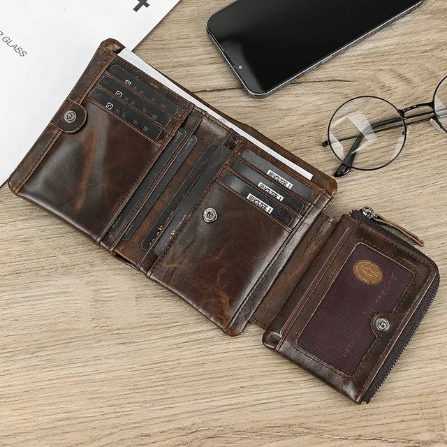 Leather Men&lsquo;s Short Wallet Hasp Genuine Leather Unisex Zipper Coin Clutch Purse Cowhide Card Holder Trifold Man wallets