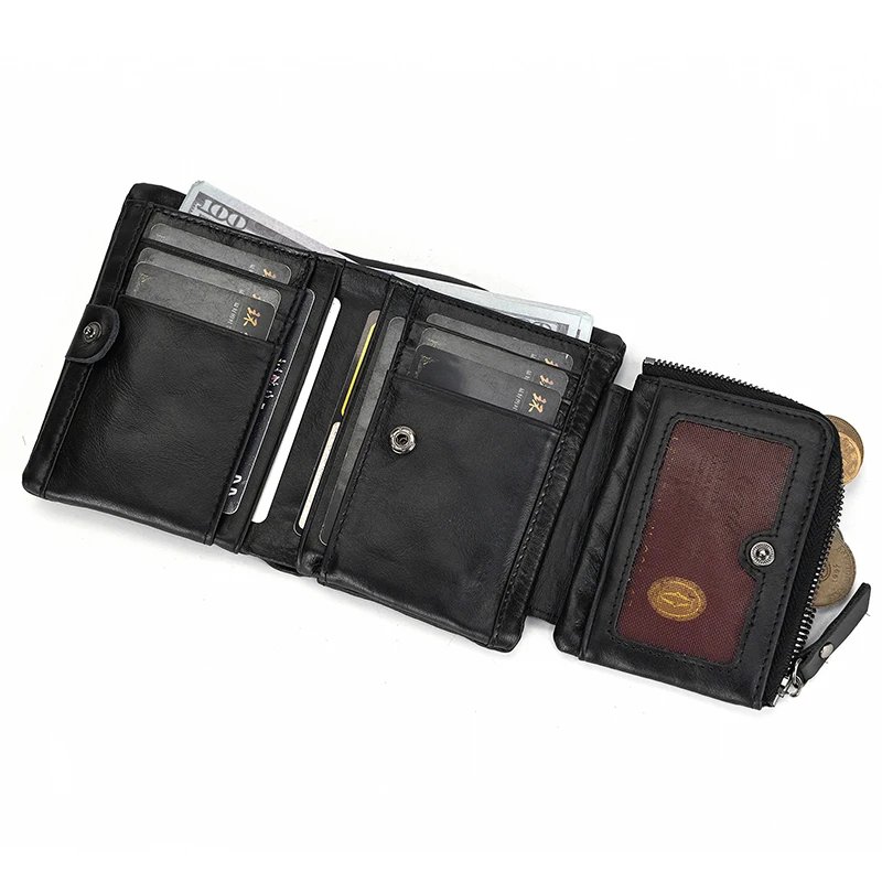 Leather Men&lsquo;s Short Wallet Hasp Genuine Leather Unisex Zipper Coin Clutch Purse Cowhide Card Holder Trifold Man wallets
