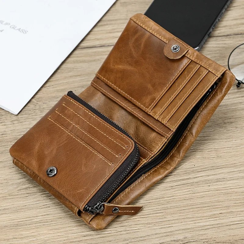 Leather Men&lsquo;s Short Wallet Hasp Genuine Leather Unisex Zipper Coin Clutch Purse Cowhide Card Holder Trifold Man wallets