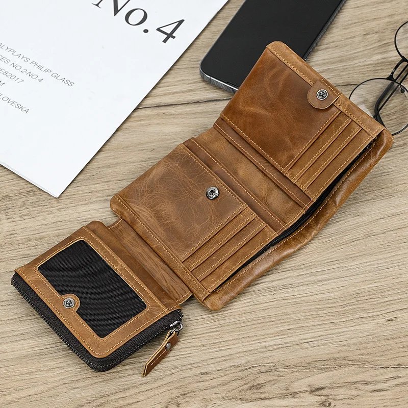 Leather Men&lsquo;s Short Wallet Hasp Genuine Leather Unisex Zipper Coin Clutch Purse Cowhide Card Holder Trifold Man wallets