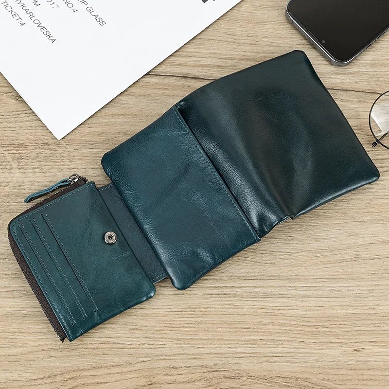 Leather Men&lsquo;s Short Wallet Hasp Genuine Leather Unisex Zipper Coin Clutch Purse Cowhide Card Holder Trifold Man wallets
