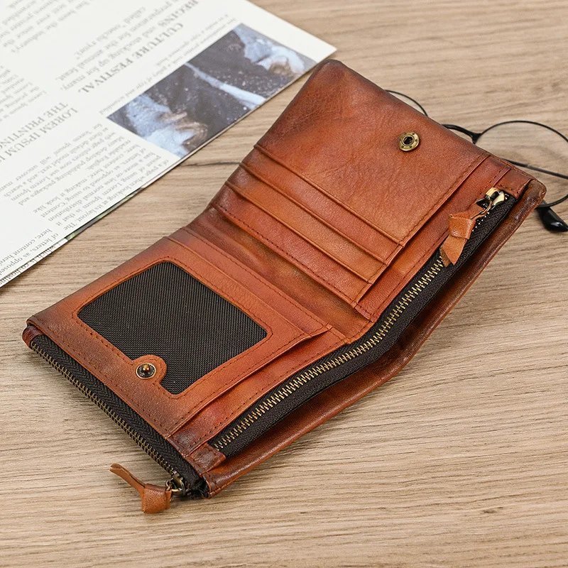Leather Men&lsquo;s Short Wallet Hasp Genuine Leather Unisex Zipper Coin Clutch Purse Cowhide Card Holder Trifold Man wallets