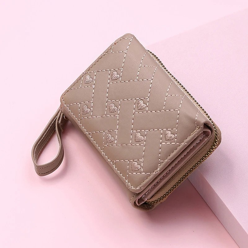 Women's Wallet Tri Fold Card Bag PU Multi Objects Pocket Short Fashion Embroidered Love Pattern Korean Minimalist New 2023