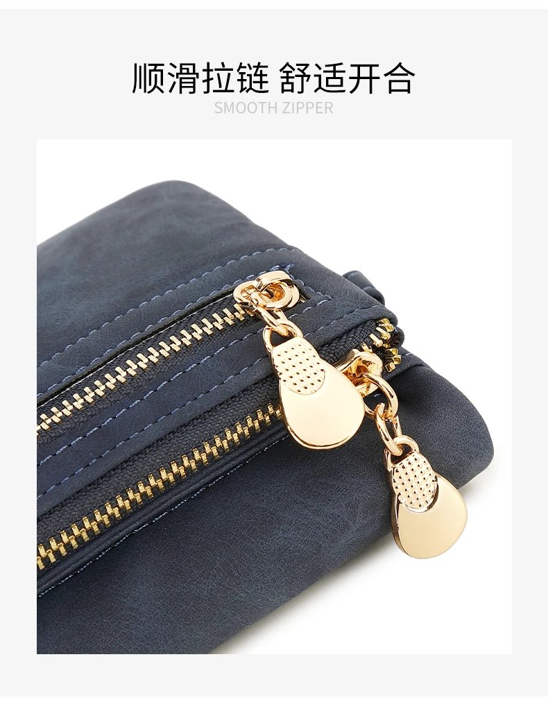 Vintage small double folding zipper with wrist strap short wallet, PU leather portable multi card wallet, with ID window