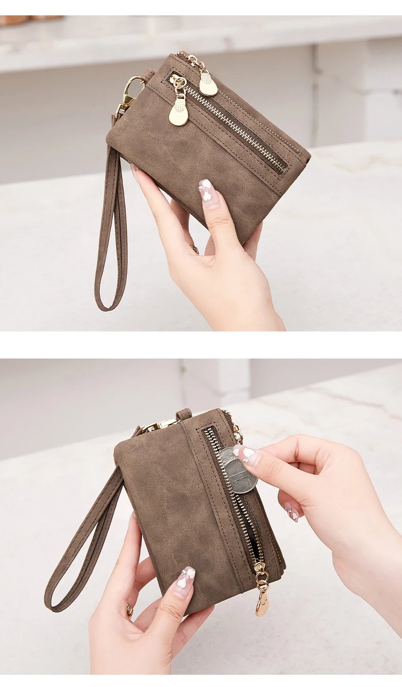 Vintage small double folding zipper with wrist strap short wallet, PU leather portable multi card wallet, with ID window