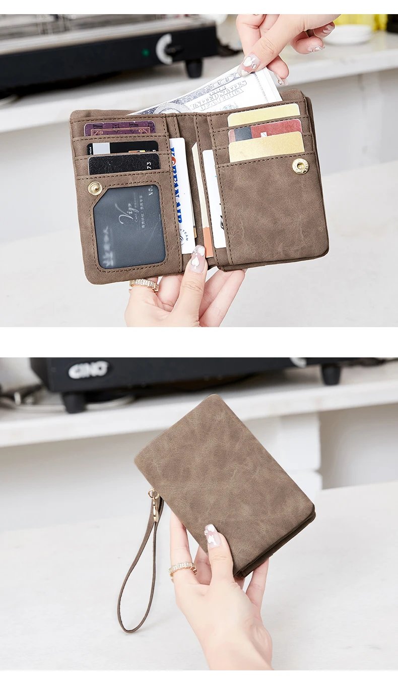 Vintage small double folding zipper with wrist strap short wallet, PU leather portable multi card wallet, with ID window