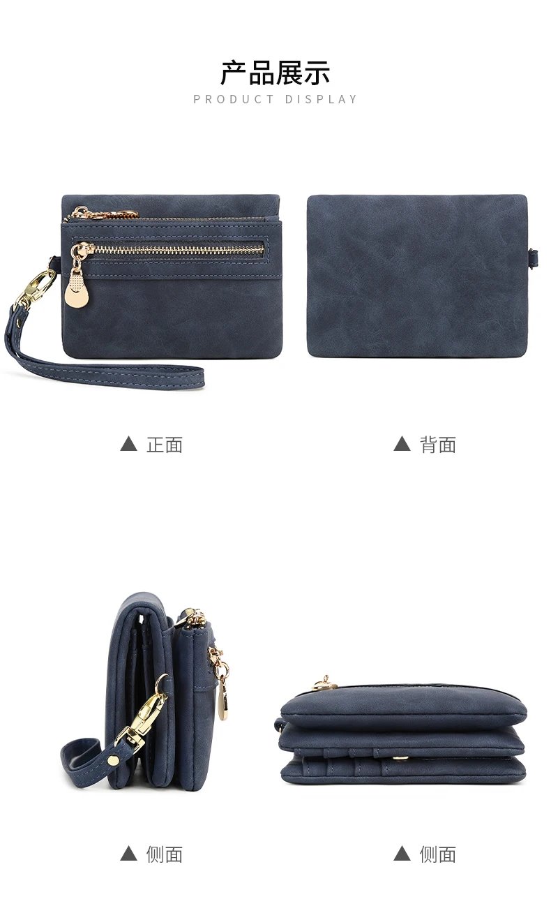 Vintage small double folding zipper with wrist strap short wallet, PU leather portable multi card wallet, with ID window