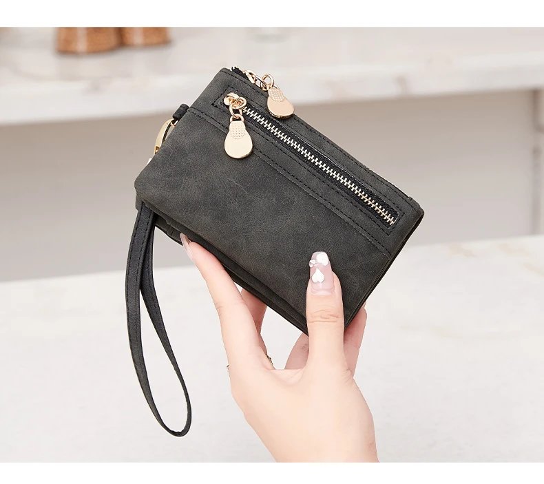 Vintage small double folding zipper with wrist strap short wallet, PU leather portable multi card wallet, with ID window