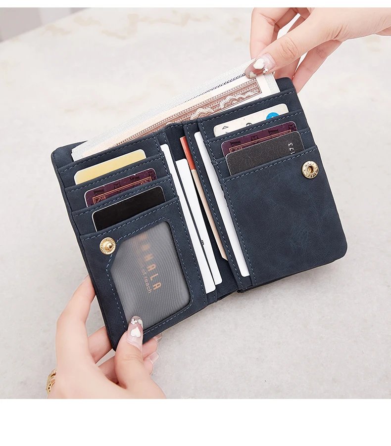 Vintage small double folding zipper with wrist strap short wallet, PU leather portable multi card wallet, with ID window