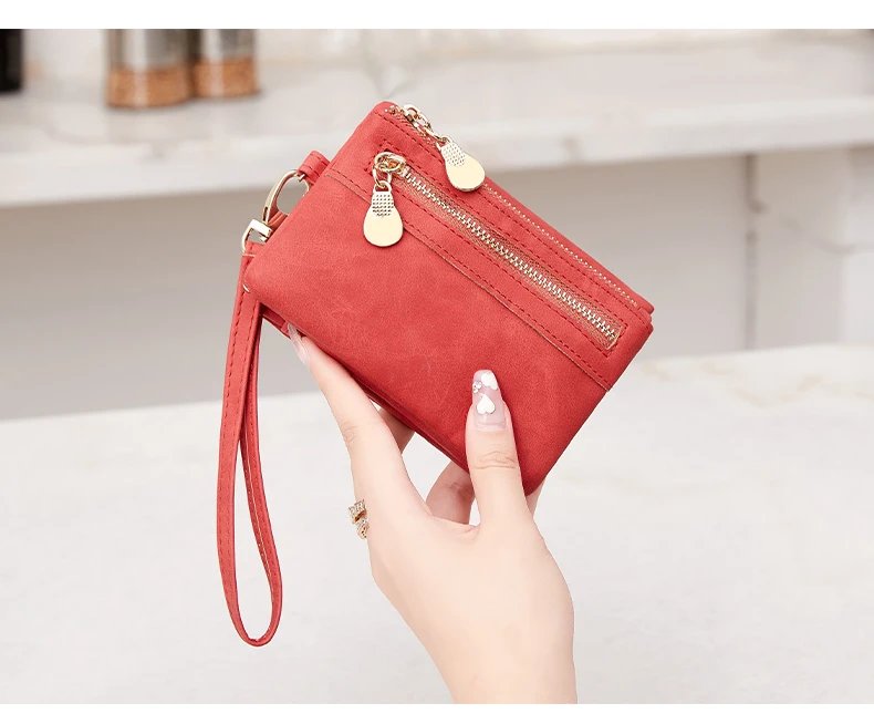 Vintage small double folding zipper with wrist strap short wallet, PU leather portable multi card wallet, with ID window