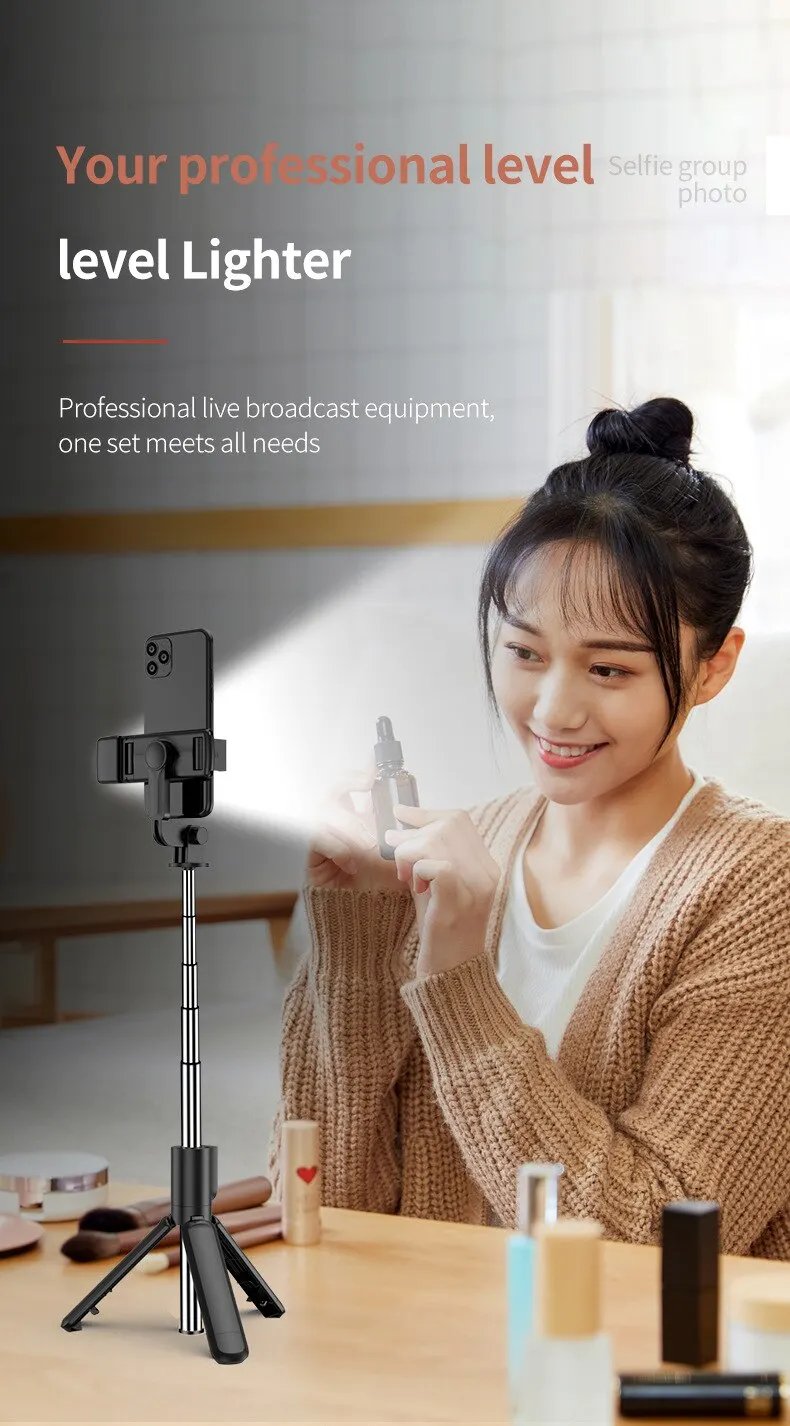Portable Bluetooth Selfie Stick Tripod Holder with Remote Shutter Fill Light Extendable Wireless Remote Retractable Phone Stand