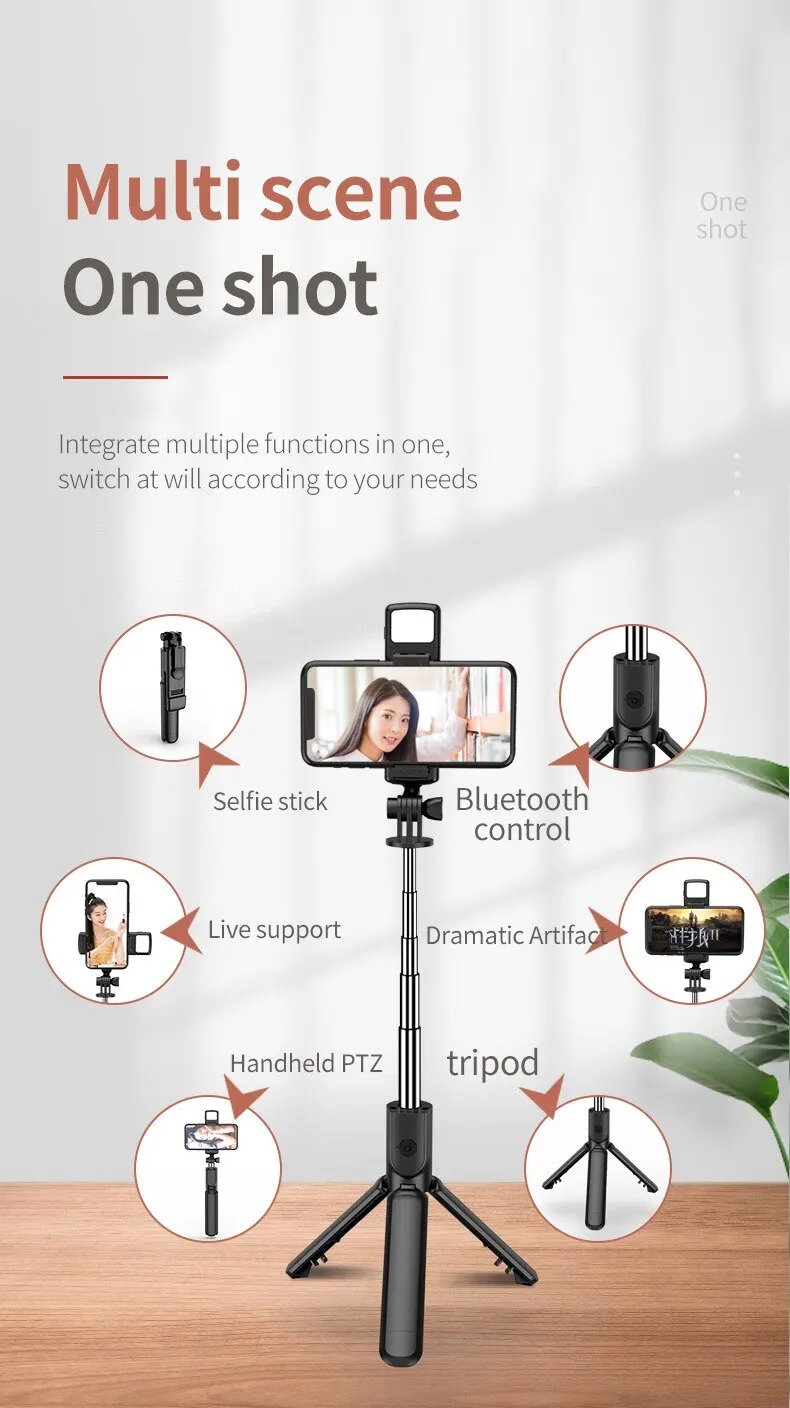 Portable Bluetooth Selfie Stick Tripod Holder with Remote Shutter Fill Light Extendable Wireless Remote Retractable Phone Stand
