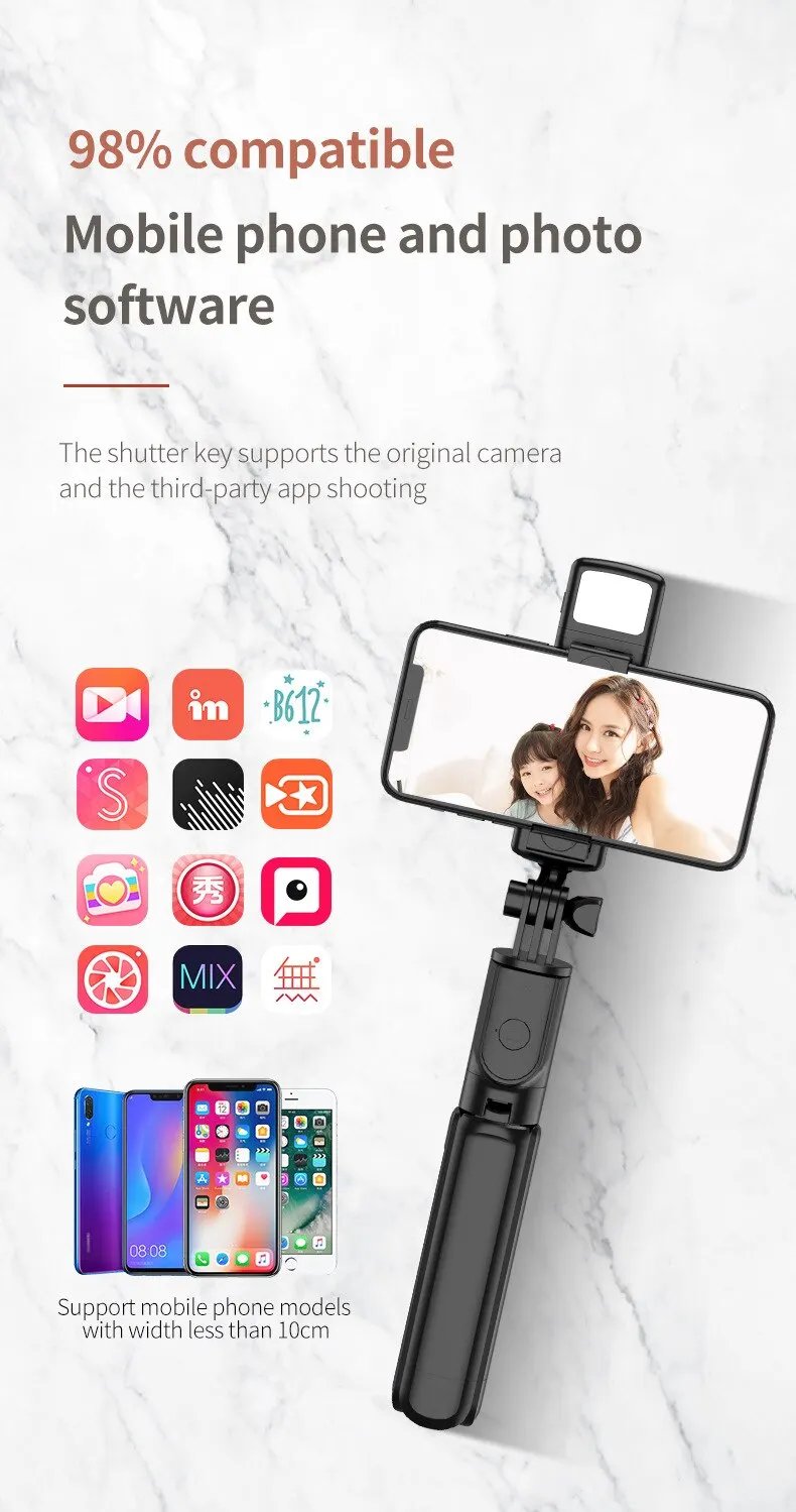 Portable Bluetooth Selfie Stick Tripod Holder with Remote Shutter Fill Light Extendable Wireless Remote Retractable Phone Stand