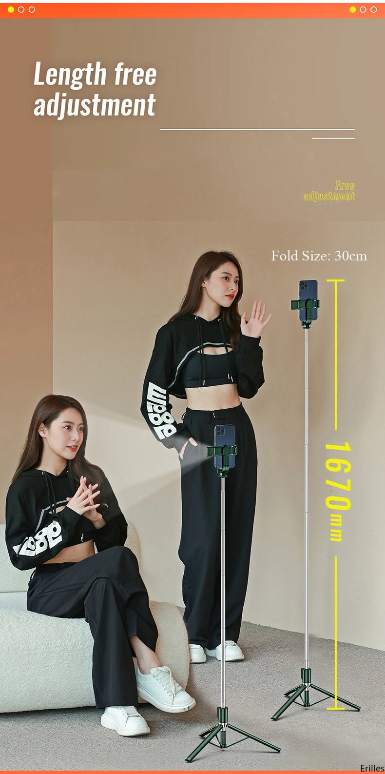 1.67M Long Extended Bluetooth Wireless Selfie Stick Live Broacast Stand Holder Tripod Foldable With Fill Light For Smartphones