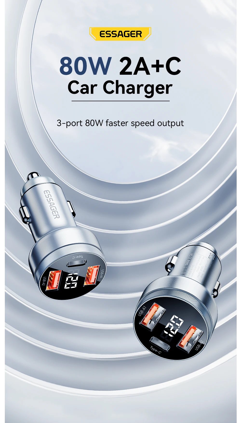 Essager 80W Car Charger USB Type C PD Fast Charging Phone Quick Charge for iPhone 14 13 Huawei Xiaomi Samsung iPad Laptop Tablet