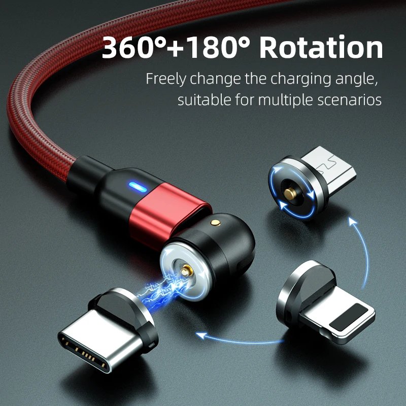 1m 2m 3m Magnetic Charger Cable Micro USB Type C Phone Charging Cable For Samsung Xiaomi USB Cord Wire 540 Degree Roating