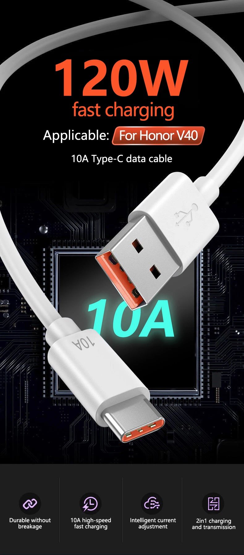 10A 120W Super Fast Charging USB Type C Cable for Huawei P40 P30 USB-C Phone Data Cord for Xiaomi 14 Redmi 13 12 Oneplus 11 POCO