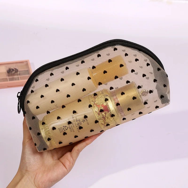 1pc Love Print Mesh Cosmetic Bag Portable Toiletry Organizer Makeup Bag Multifunction Transparent Women Lipstick Storage Pouch