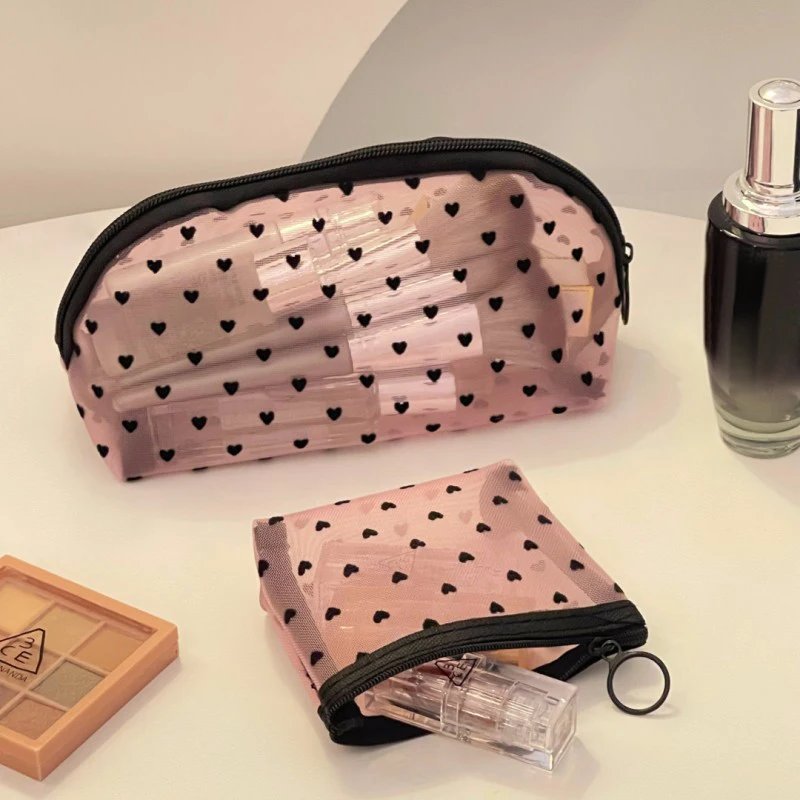 1pc Love Print Mesh Cosmetic Bag Portable Toiletry Organizer Makeup Bag Multifunction Transparent Women Lipstick Storage Pouch