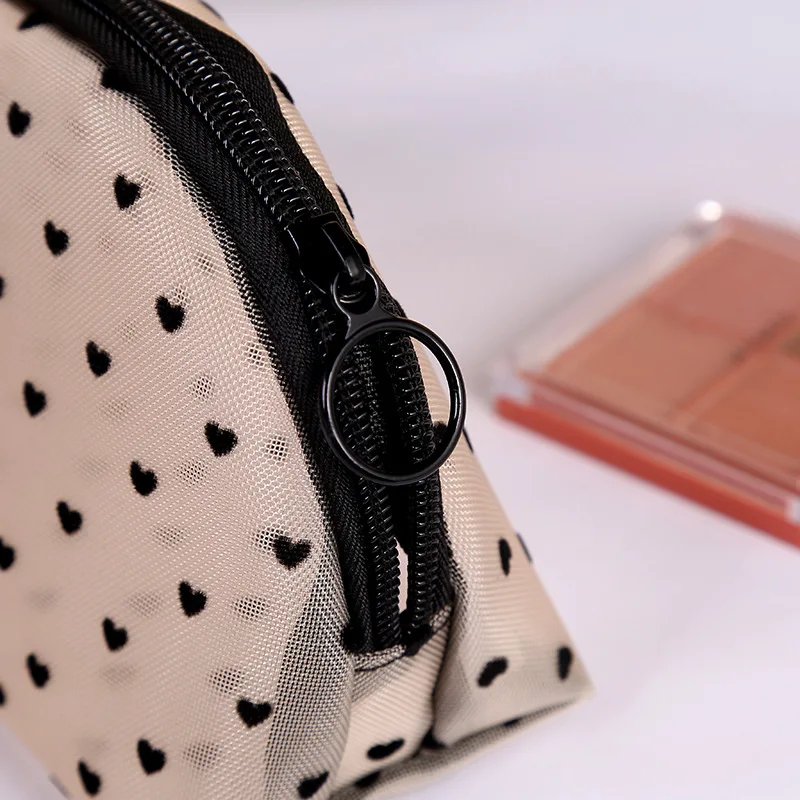1pc Love Print Mesh Cosmetic Bag Portable Toiletry Organizer Makeup Bag Multifunction Transparent Women Lipstick Storage Pouch
