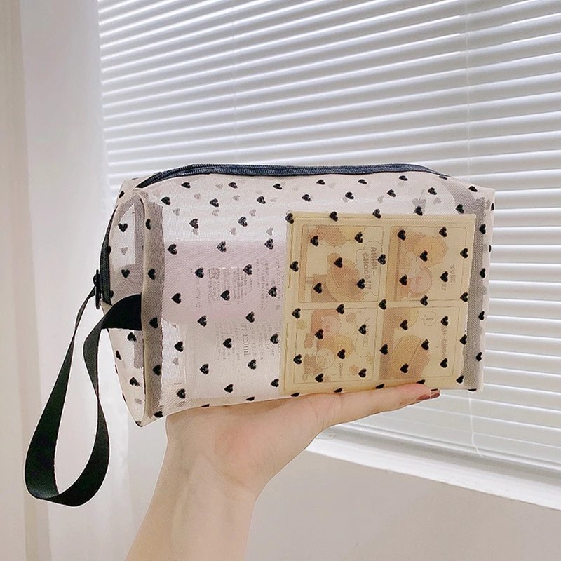 1pc Love Print Mesh Cosmetic Bag Portable Toiletry Organizer Makeup Bag Multifunction Transparent Women Lipstick Storage Pouch