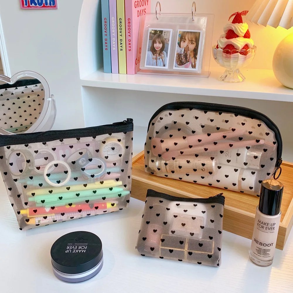 1pc Love Print Mesh Cosmetic Bag Portable Toiletry Organizer Makeup Bag Multifunction Transparent Women Lipstick Storage Pouch