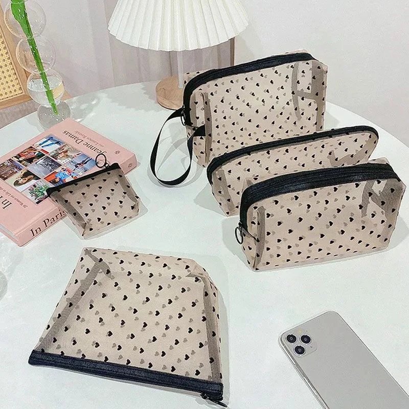 1pc Love Print Mesh Cosmetic Bag Portable Toiletry Organizer Makeup Bag Multifunction Transparent Women Lipstick Storage Pouch
