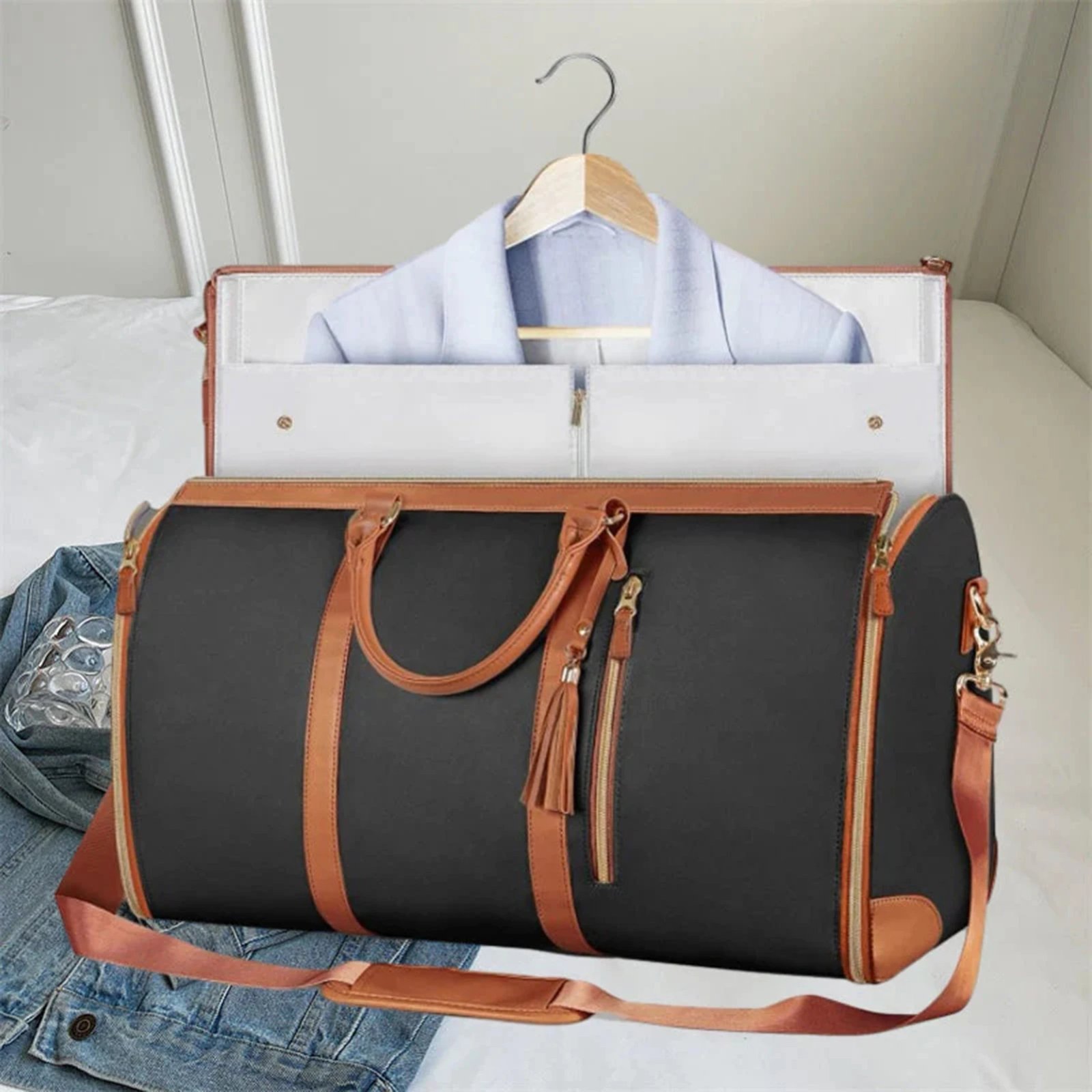 Garment Duffel Bag Foldable Sports Duffle Bag with Shoe Pouch Sports Gym Tote Bag Suitcase Suit Business Travel Bag PU Leather