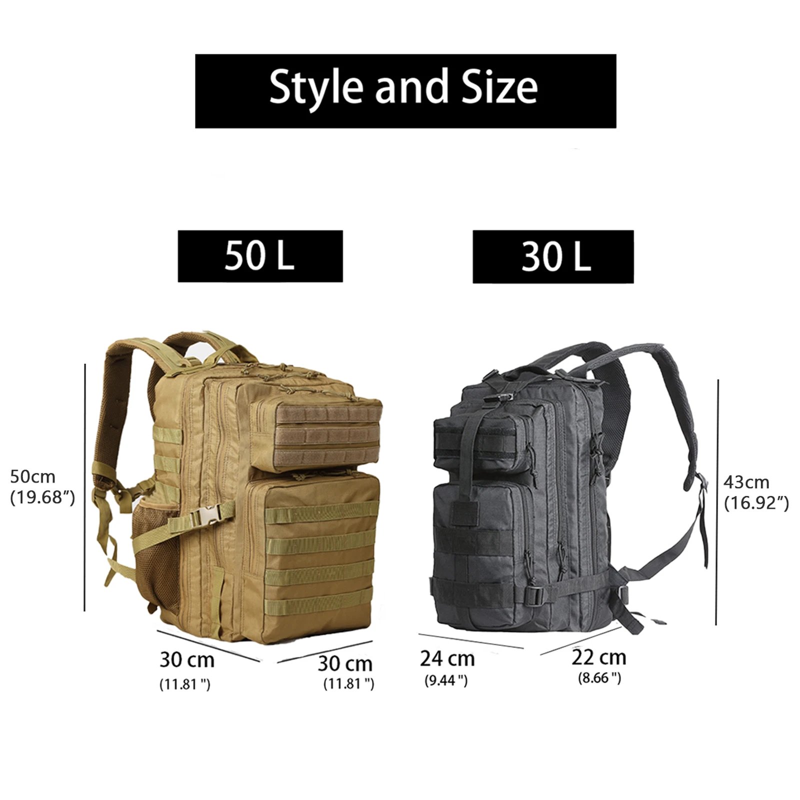 Tactical Backpacks 30L/50L Outdoor Rucksacks Camping Hiking Trekking Fishing Hunting Bag with Bottle Holder