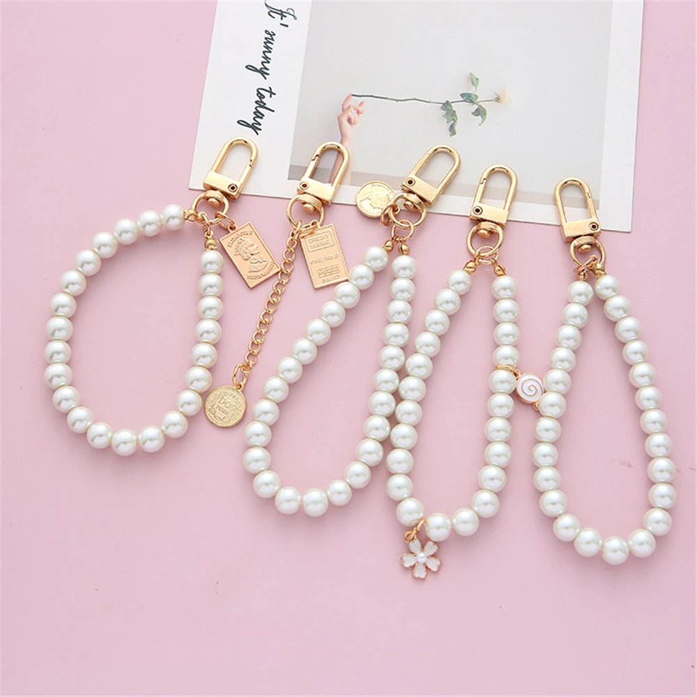 Simulated Pearl Key Chain for Aorpods Bag Pendant Wrist Beaded Key Holder for Women Mobile Phone DIY Accessories