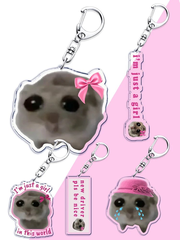 Fun Meme Im Just A Girl Sad Hamster Key Chain Keychains Ring for Accessories Bag Funny Pendant Keyring Jewelry Fans Gifts