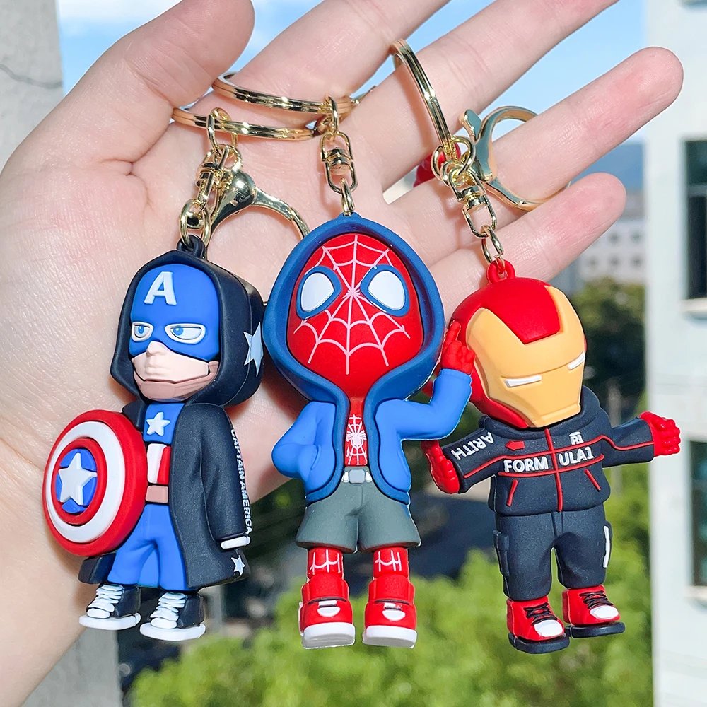 Cute Cartoon Spiderman Silicone Keychains Marvel Superhero Pendant Keyrings Jewelry Disney Keyholder for Bag Accessories