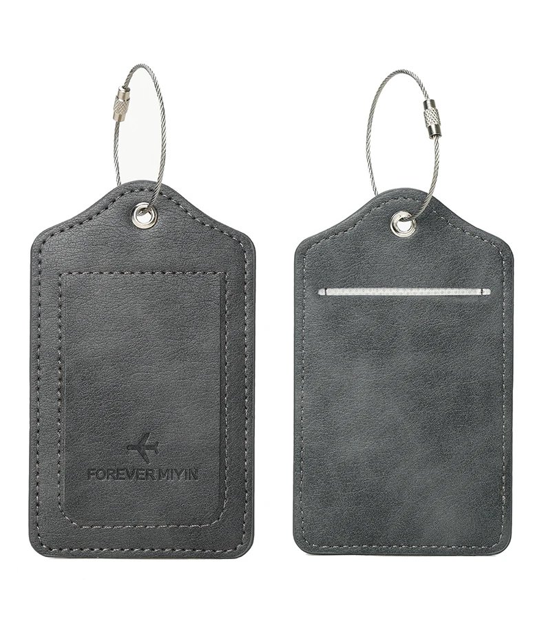 PU leather luggage tag with anti loss wire rope loop and built-in privacy protection cover, suitable for luggage and travel bags