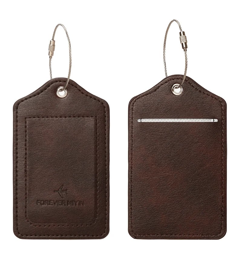 PU leather luggage tag with anti loss wire rope loop and built-in privacy protection cover, suitable for luggage and travel bags