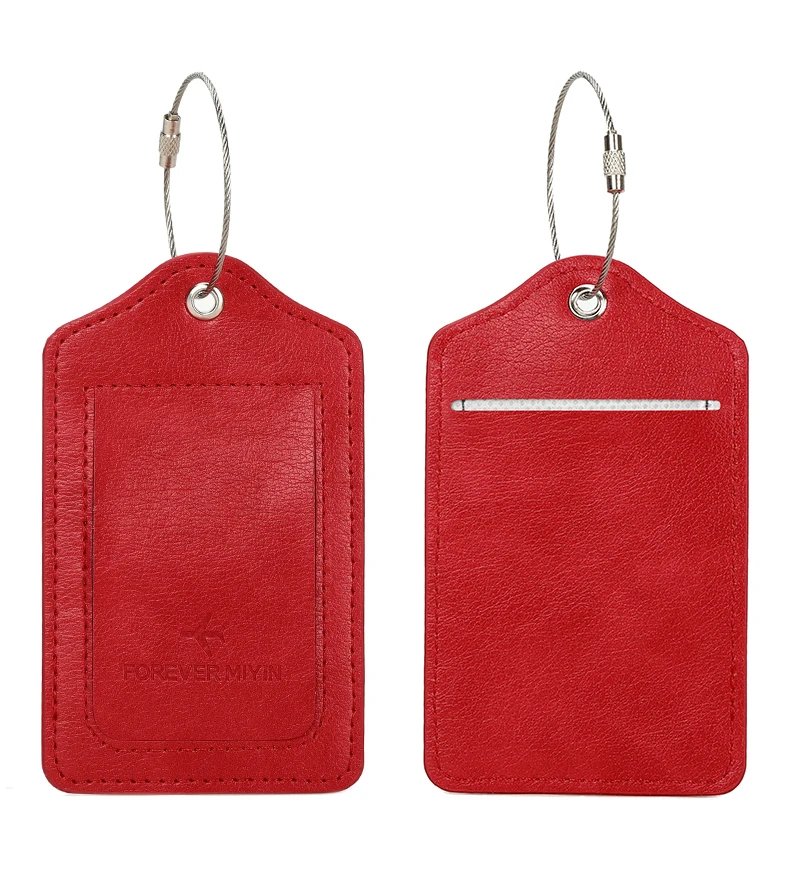 PU leather luggage tag with anti loss wire rope loop and built-in privacy protection cover, suitable for luggage and travel bags