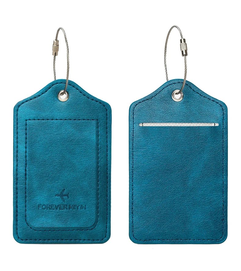 PU leather luggage tag with anti loss wire rope loop and built-in privacy protection cover, suitable for luggage and travel bags