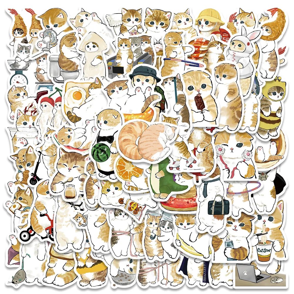 10/30/64PCS Kawaii Winter Yellow Cat Sticky Graffiti Sticker Aesthetic PVC Children's Decoration Sketchbook Scrapbook for Kids