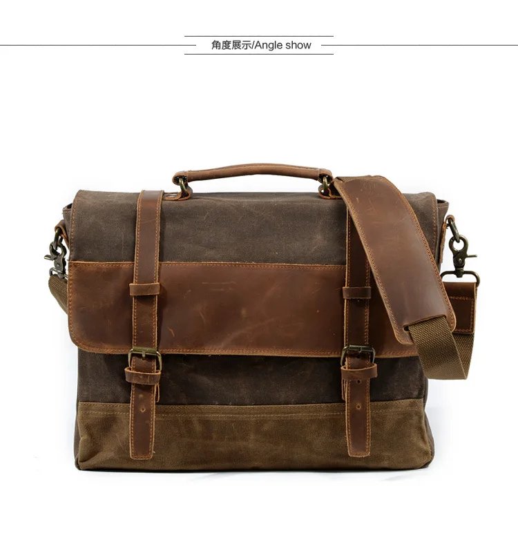 new waterproof oil wax canvas with leather briefcase retro business men's bag shoulder messenger portable Patchwork bag